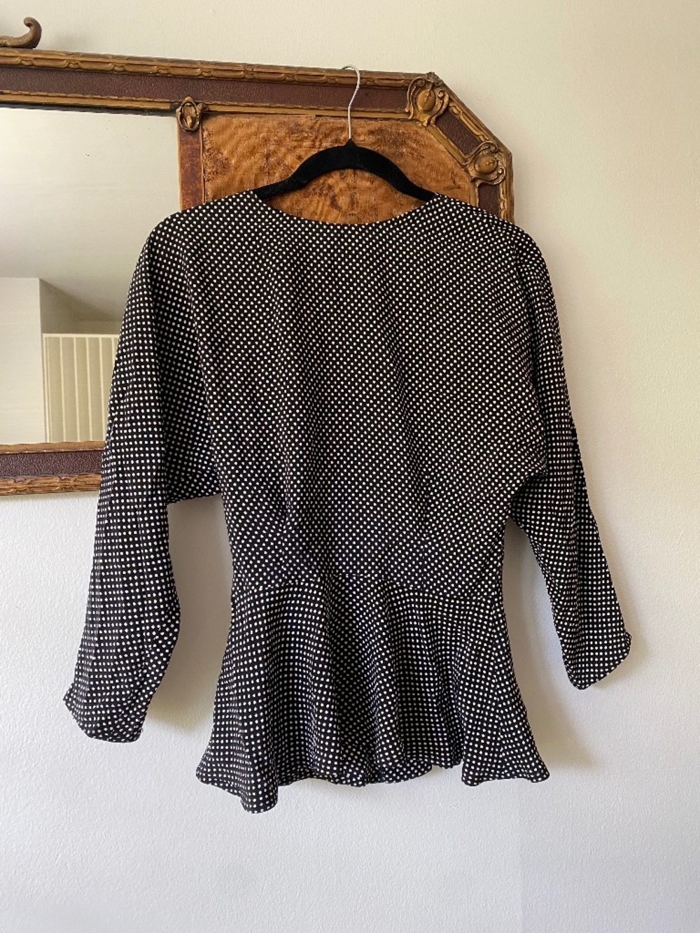 Vintage 1990s Black White 100% Silk Polka Dot Peplum Blouse St. Gillain Sz 4